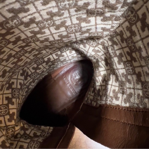 Tory Burch Brown Leather Gold Plated Logo Zipper Closure Moto Tall Boots size 7 - Picture 9 of 13